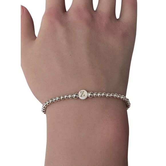 925 Sterling Silver Beaded Stretch Stacking Bracelet MOP Letter Initial Z - Picture 3 of 6